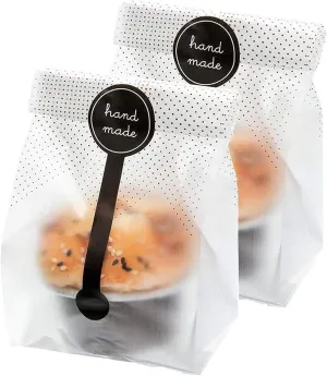 (200Pcs)100pcs Translucent Plastic Bags/Cellophane Bags with 100pcs Hand made Stickers for Cookie Cake Chocolate Candy Snack Wrapping Good for Bakery Party Supplies