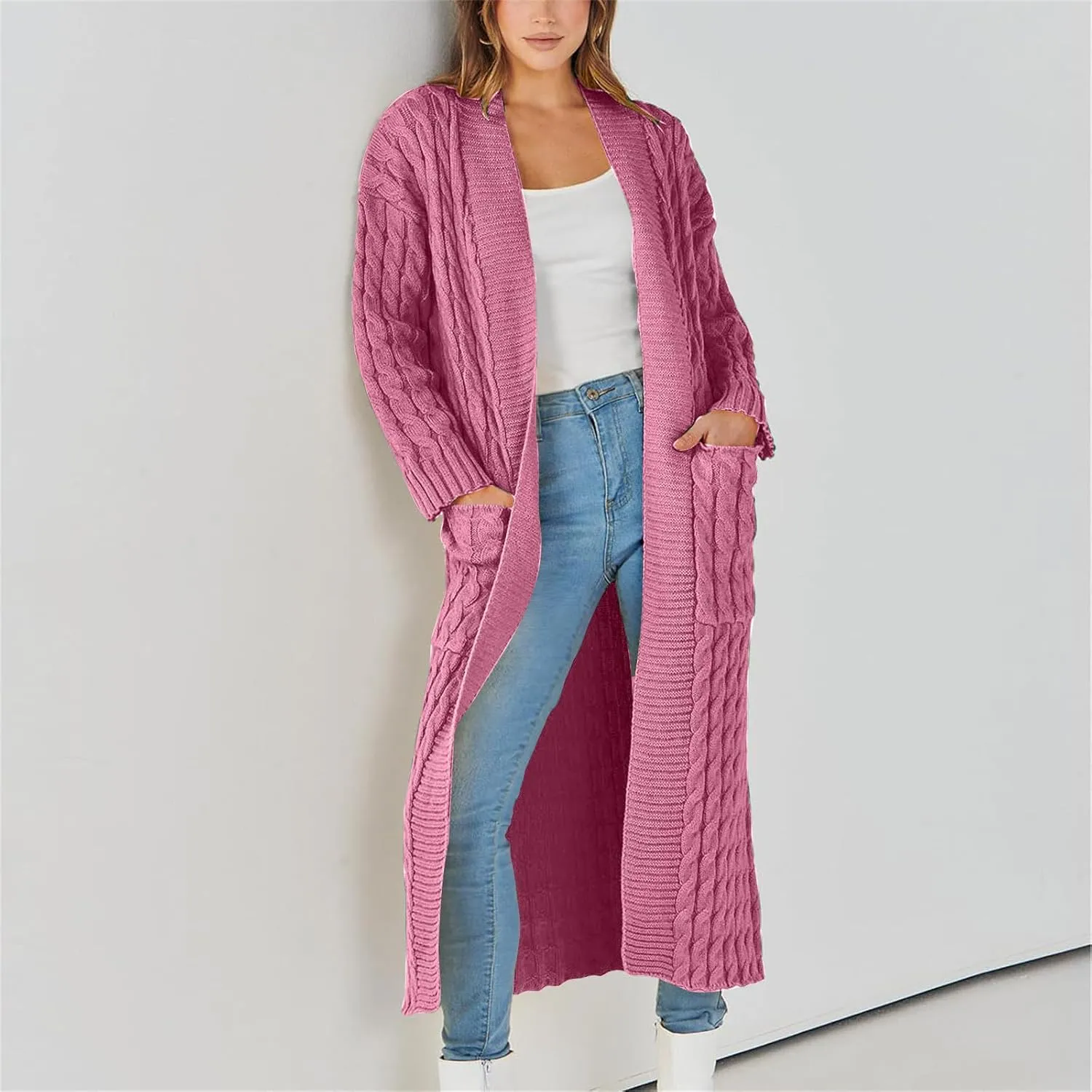 2024 Fall Fashion Jackets For Women Plus Size Chunky Open Front Cable Knit Long Cardigan Loose Comfy Winter Sweaters