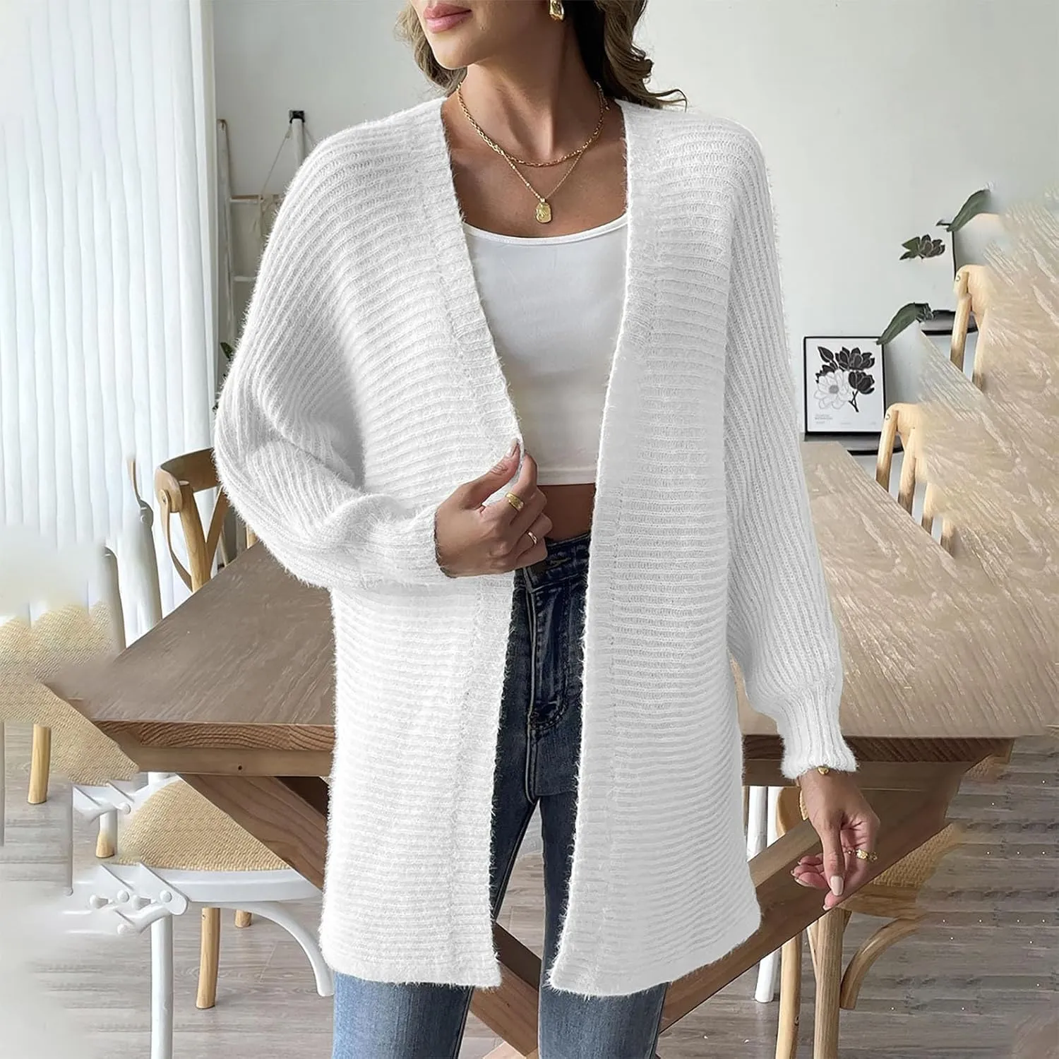 2024 Open Front Cardigan For Women Dressy Casual Long Sleeve Cable Knit Sweater Cardigan Chunky Elastic Cuff Cardigan