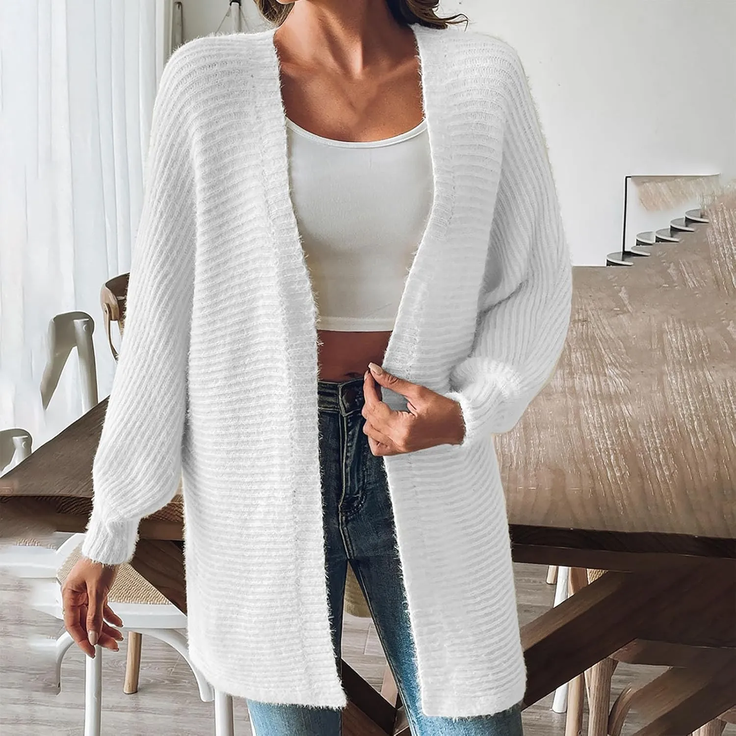 2024 Open Front Cardigan For Women Dressy Casual Long Sleeve Cable Knit Sweater Cardigan Chunky Elastic Cuff Cardigan