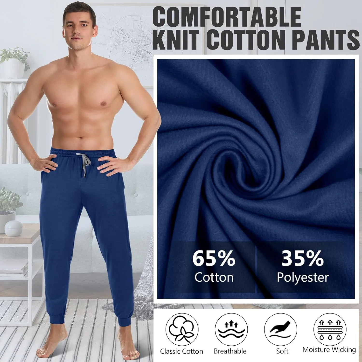 3 Pack Mens Cotton Sleepwear Pajamas Pants with Pockets, Soft Drawstring Lounge Bottoms Pjs for Men