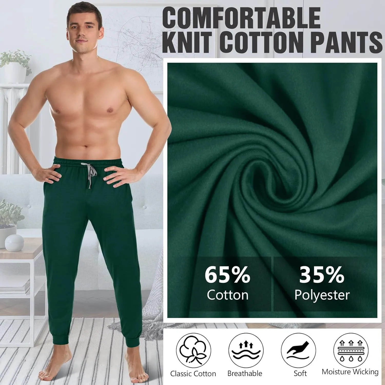 3 Pack Mens Cotton Sleepwear Pajamas Pants with Pockets, Soft Drawstring Lounge Bottoms Pjs for Men
