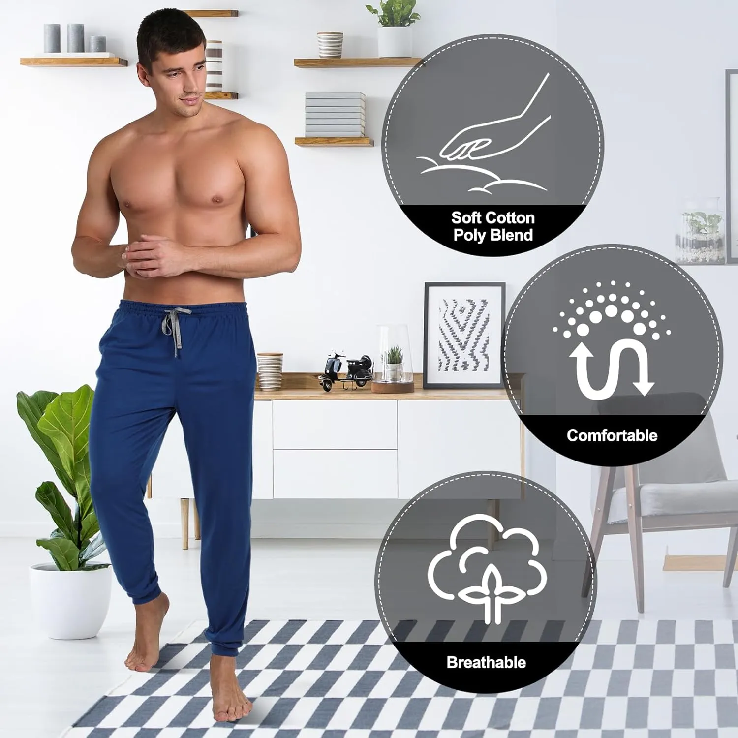 3 Pack Mens Cotton Sleepwear Pajamas Pants with Pockets, Soft Drawstring Lounge Bottoms Pjs for Men