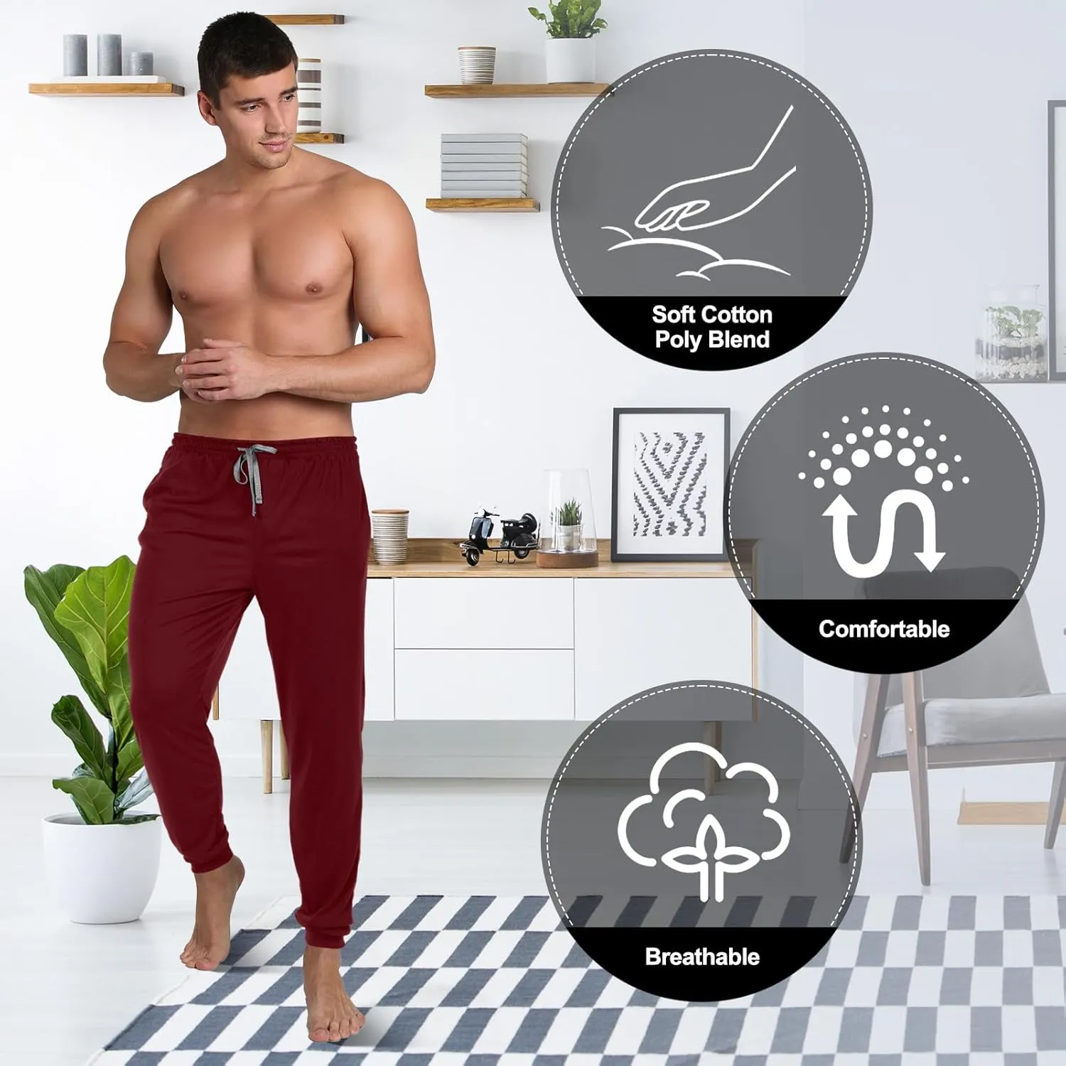 3 Pack Mens Cotton Sleepwear Pajamas Pants with Pockets, Soft Drawstring Lounge Bottoms Pjs for Men