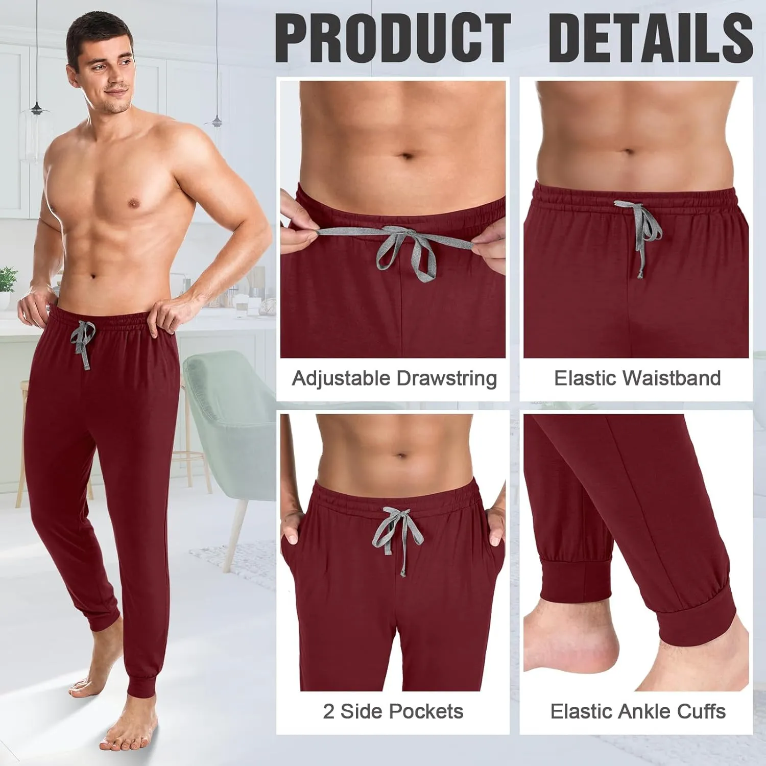 3 Pack Mens Cotton Sleepwear Pajamas Pants with Pockets, Soft Drawstring Lounge Bottoms Pjs for Men