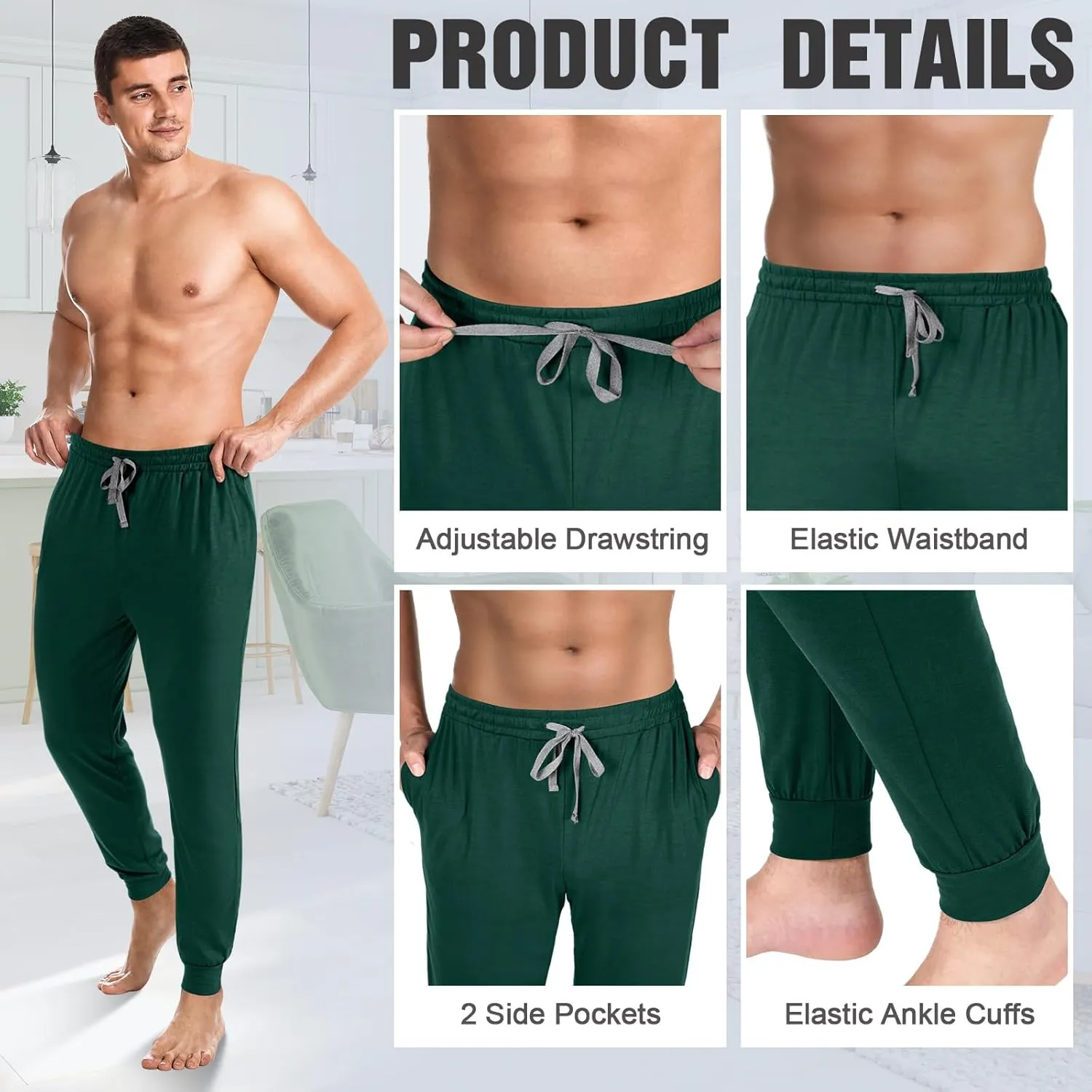 3 Pack Mens Cotton Sleepwear Pajamas Pants with Pockets, Soft Drawstring Lounge Bottoms Pjs for Men