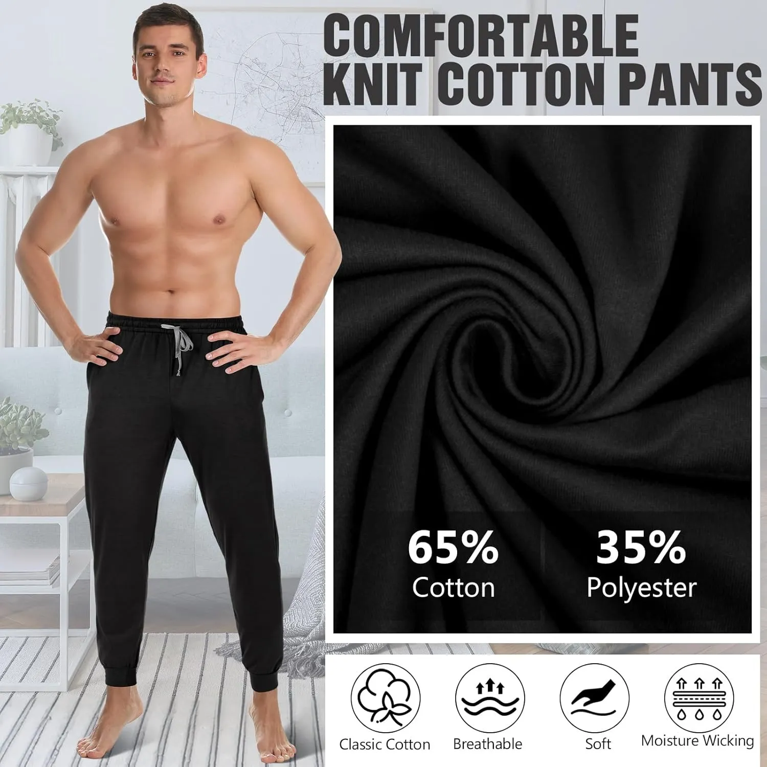 3 Pack Mens Cotton Sleepwear Pajamas Pants with Pockets, Soft Drawstring Lounge Bottoms Pjs for Men