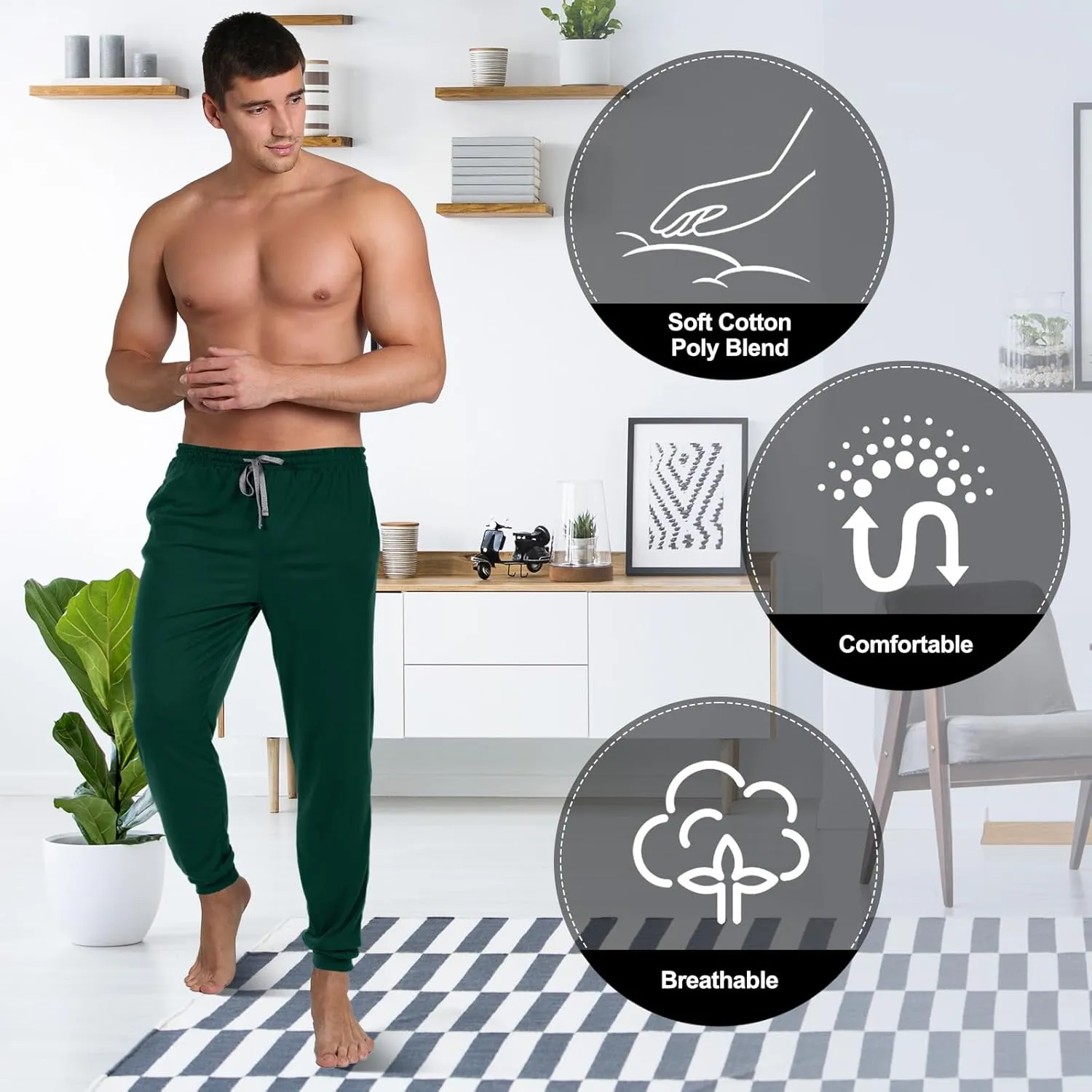 3 Pack Mens Cotton Sleepwear Pajamas Pants with Pockets, Soft Drawstring Lounge Bottoms Pjs for Men