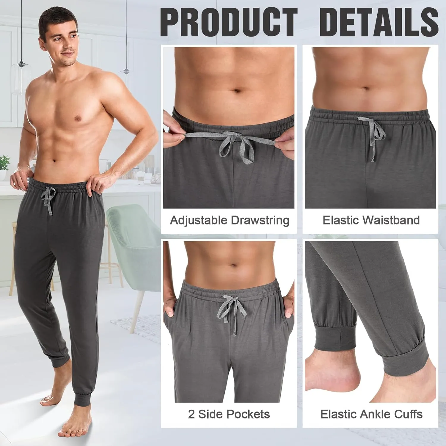 3 Pack Mens Cotton Sleepwear Pajamas Pants with Pockets, Soft Drawstring Lounge Bottoms Pjs for Men