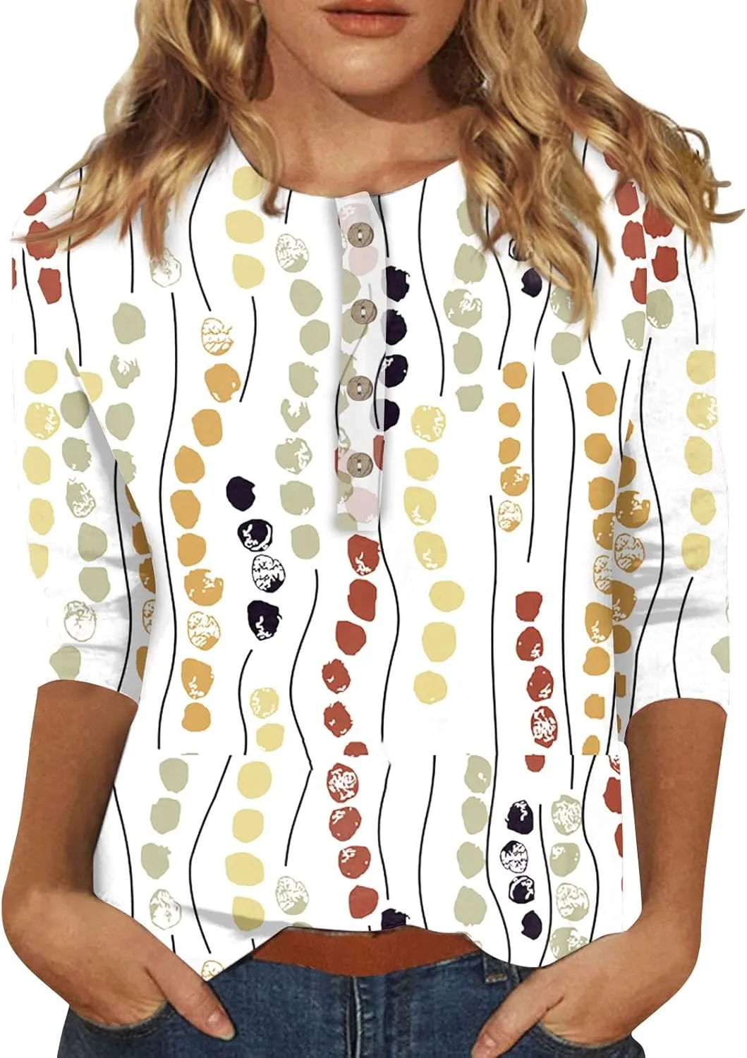 3/4 Sleeve Tops for Women Work Tops Summer Elbow Sleeve Shirt Casual Shirt Button Down Crewneck Tops Trendy