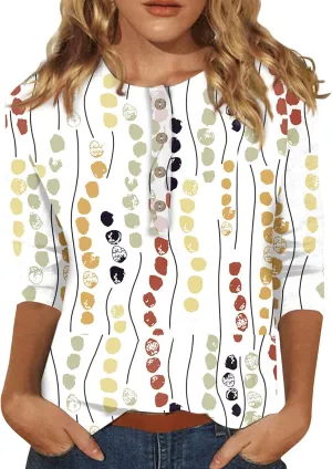 3/4 Sleeve Tops for Women Work Tops Summer Elbow Sleeve Shirt Casual Shirt Button Down Crewneck Tops Trendy