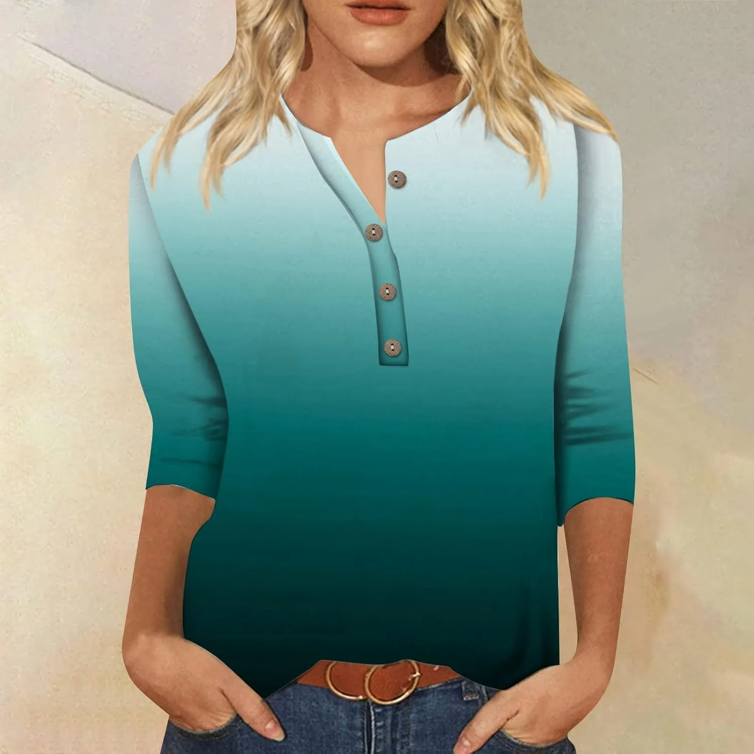 3/4 Sleeve Tops for Women Work Tops Summer Elbow Sleeve Shirt Casual Shirt Button Down Crewneck Tops Trendy