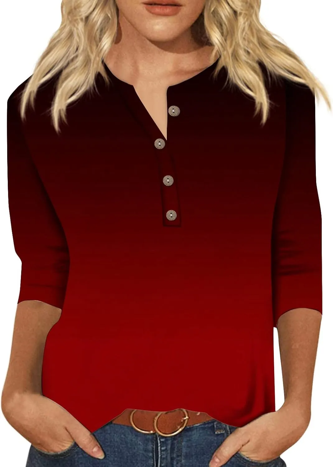 3/4 Sleeve Tops for Women Work Tops Summer Elbow Sleeve Shirt Casual Shirt Button Down Crewneck Tops Trendy