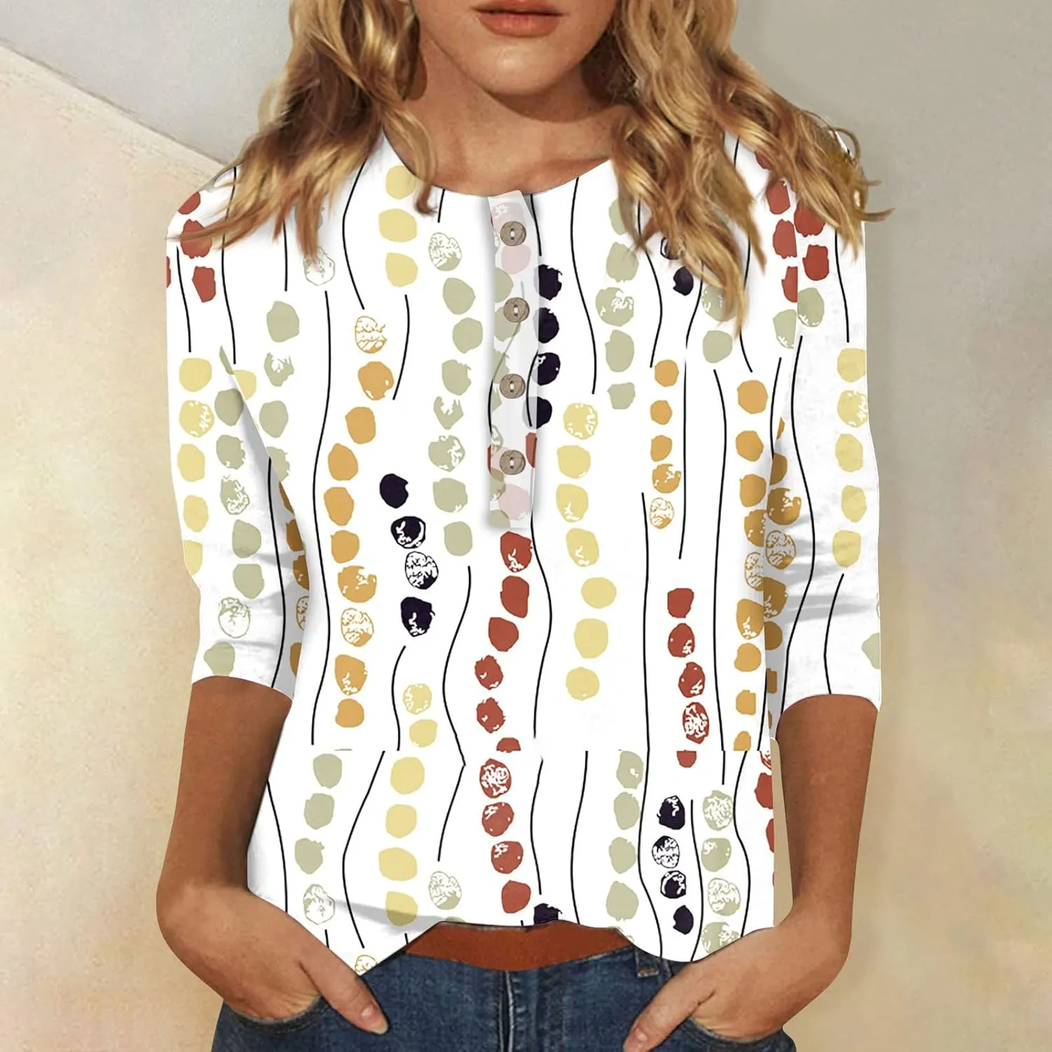 3/4 Sleeve Tops for Women Work Tops Summer Elbow Sleeve Shirt Casual Shirt Button Down Crewneck Tops Trendy