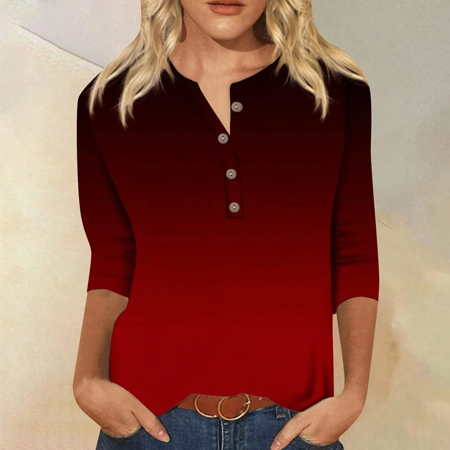 3/4 Sleeve Tops for Women Work Tops Summer Elbow Sleeve Shirt Casual Shirt Button Down Crewneck Tops Trendy