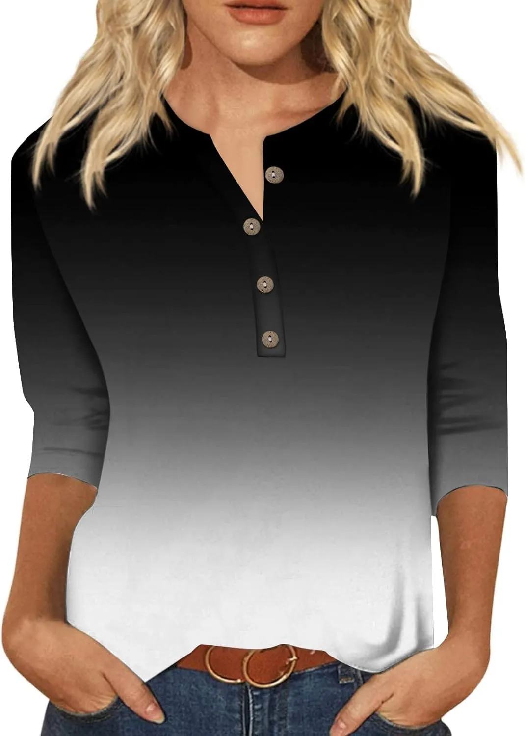 3/4 Sleeve Tops for Women Work Tops Summer Tie Dye Shirt Casual Shirt Button Down Crewneck Tops Trendy Plus Size