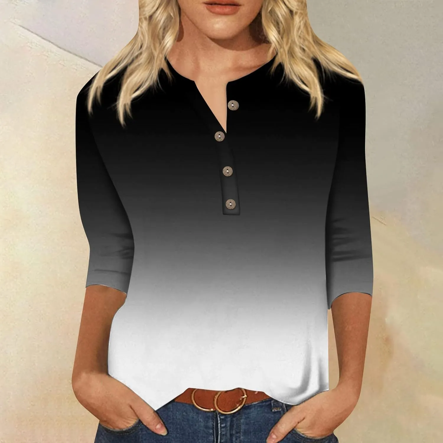 3/4 Sleeve Tops for Women Work Tops Summer Tie Dye Shirt Casual Shirt Button Down Crewneck Tops Trendy Plus Size
