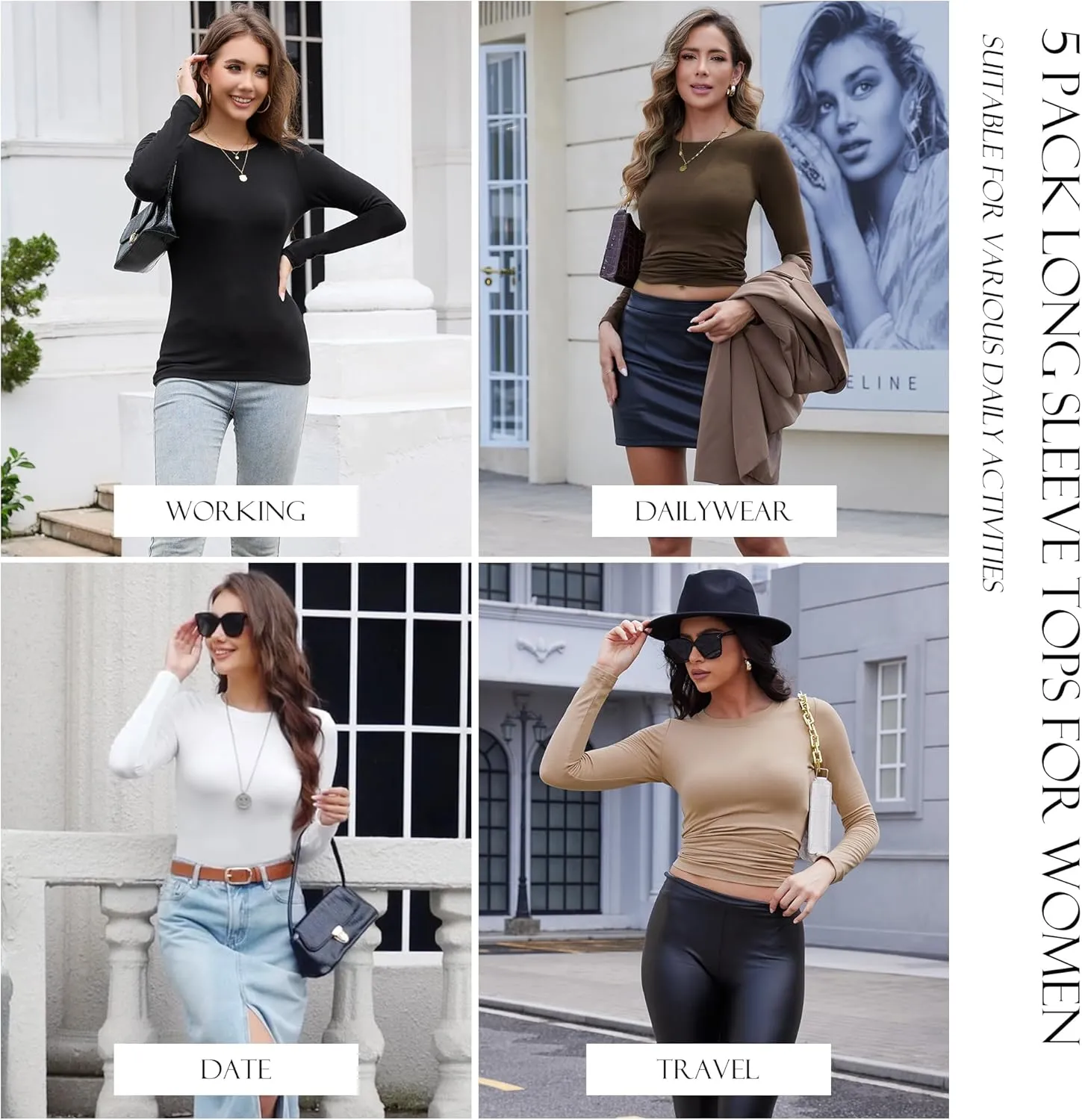 5 Pack Long Sleeve Tops for Women Stretchy Fitted Long Sleeve Shirt Women Crew Neck Basic Tops for Woman Tops