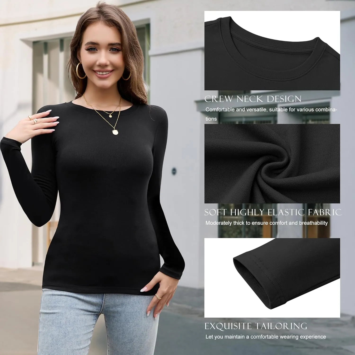 5 Pack Long Sleeve Tops for Women Stretchy Fitted Long Sleeve Shirt Women Crew Neck Basic Tops for Woman Tops