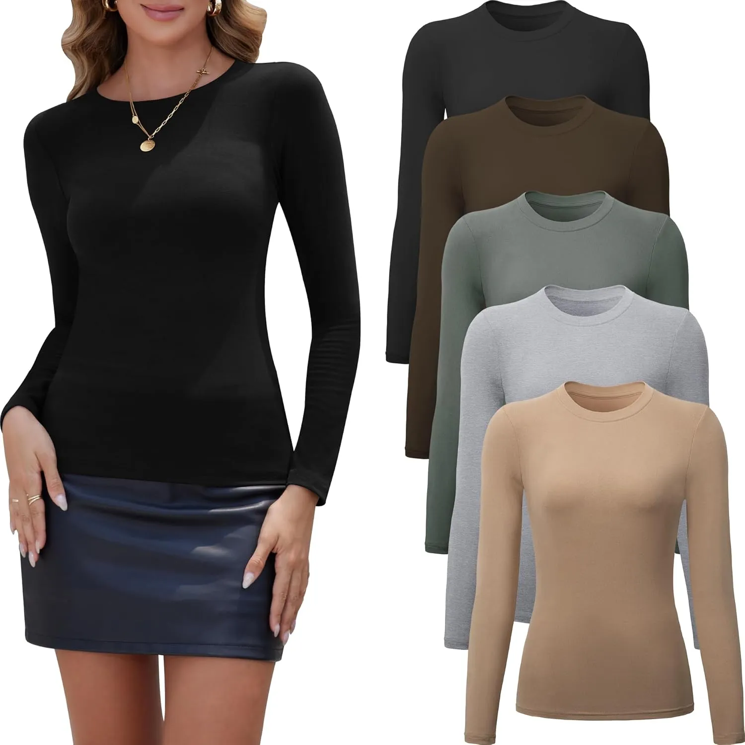 5 Pack Long Sleeve Tops for Women Stretchy Fitted Long Sleeve Shirt Women Crew Neck Basic Tops for Woman Tops