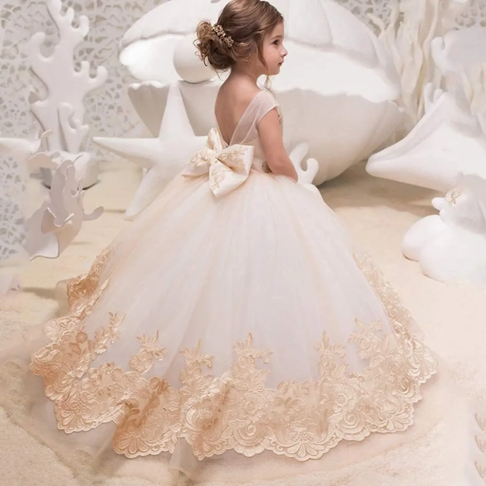 ABAO SISTER Elegant Flower Girl Dress for Wedding Kids Sleevelesss Lace Pageant Ball Gowns