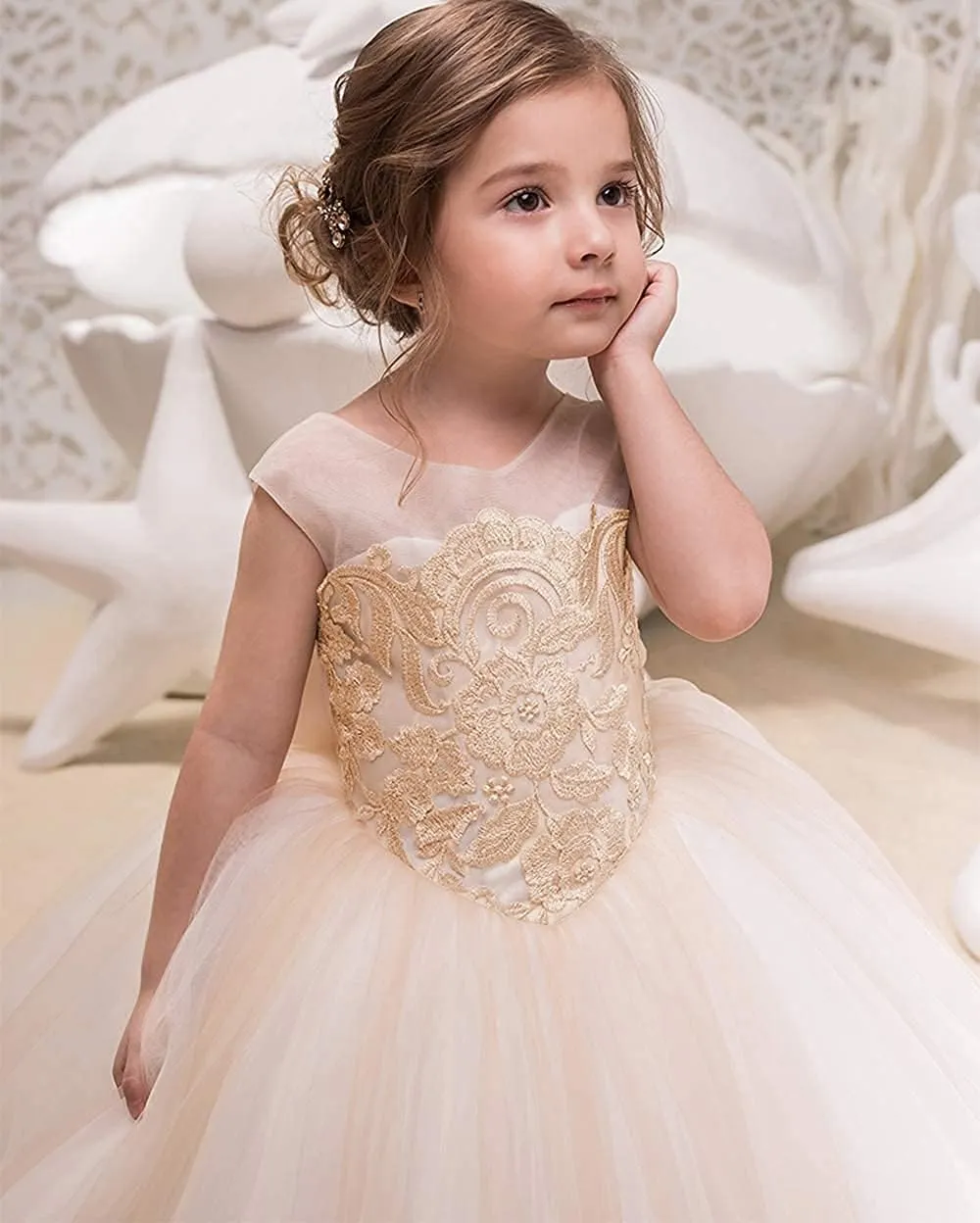ABAO SISTER Elegant Flower Girl Dress for Wedding Kids Sleevelesss Lace Pageant Ball Gowns