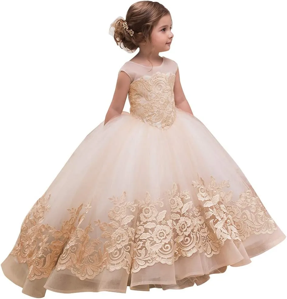 ABAO SISTER Elegant Flower Girl Dress for Wedding Kids Sleevelesss Lace Pageant Ball Gowns