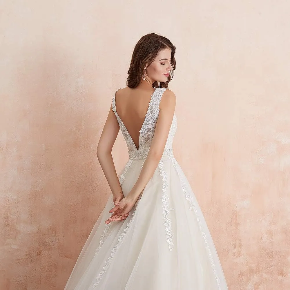 Abaowedding Women's Wedding Dress for Bride Lace Applique Evening Dress V Neck Straps Ball Gowns