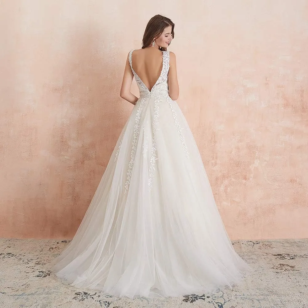 Abaowedding Women's Wedding Dress for Bride Lace Applique Evening Dress V Neck Straps Ball Gowns