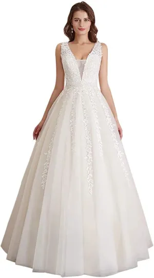 Abaowedding Women's Wedding Dress for Bride Lace Applique Evening Dress V Neck Straps Ball Gowns