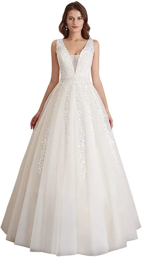 Abaowedding Women's Wedding Dress for Bride Lace Applique Evening Dress V Neck Straps Ball Gowns