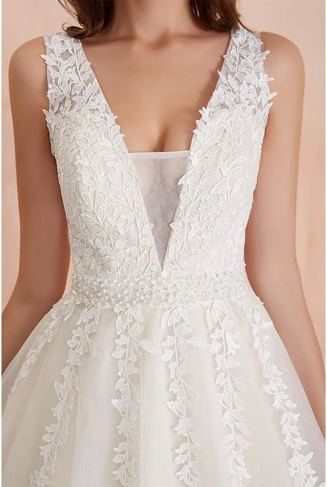 Abaowedding Women's Wedding Dress for Bride Lace Applique Evening Dress V Neck Straps Ball Gowns