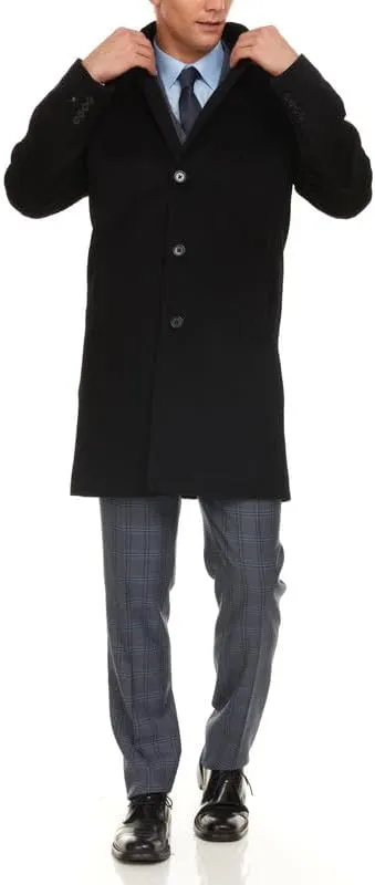 Adam Baker Men's Luxury Wool Cashmere Overcoat 38” Length Single Breasted Classic Topcoat