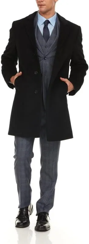Adam Baker Men's Luxury Wool Cashmere Overcoat 38” Length Single Breasted Classic Topcoat
