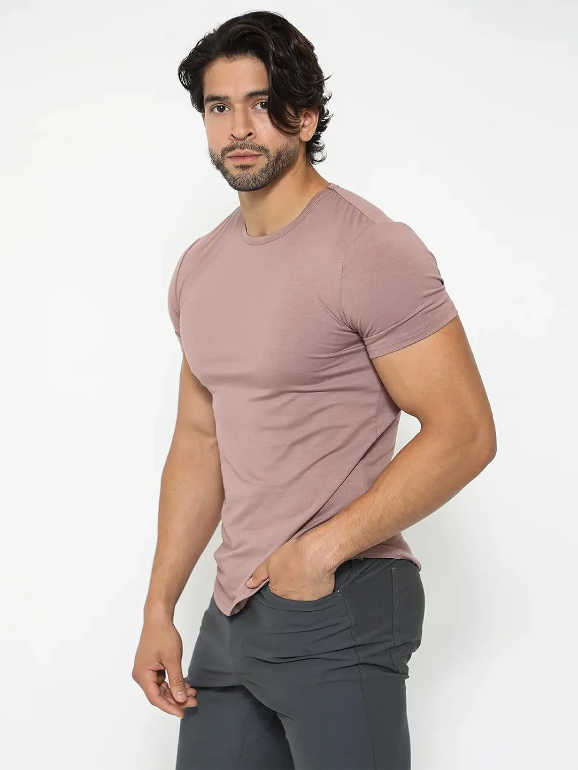 AHA Selected Men's T-Shirt-All Day Elite Curve-Hem Crew-Neck Slim Tee Short Sleeve