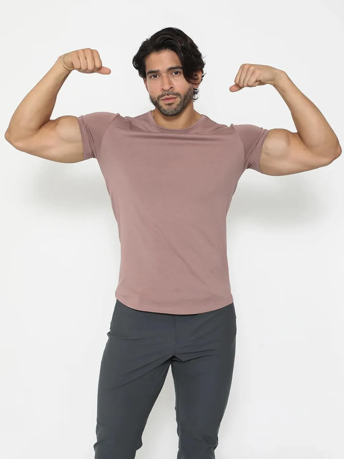 AHA Selected Men's T-Shirt-All Day Elite Curve-Hem Crew-Neck Slim Tee Short Sleeve