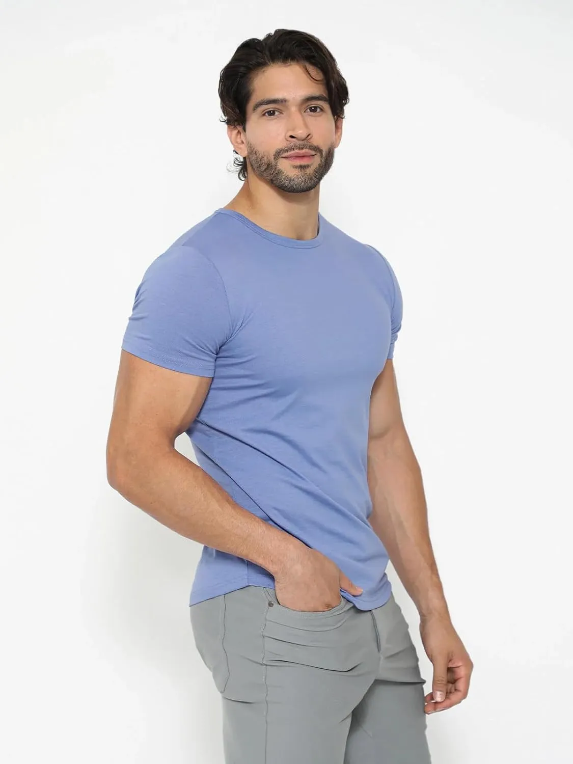 AHA Selected Men's T-Shirt-All Day Elite Curve-Hem Crew-Neck Slim Tee Short Sleeve
