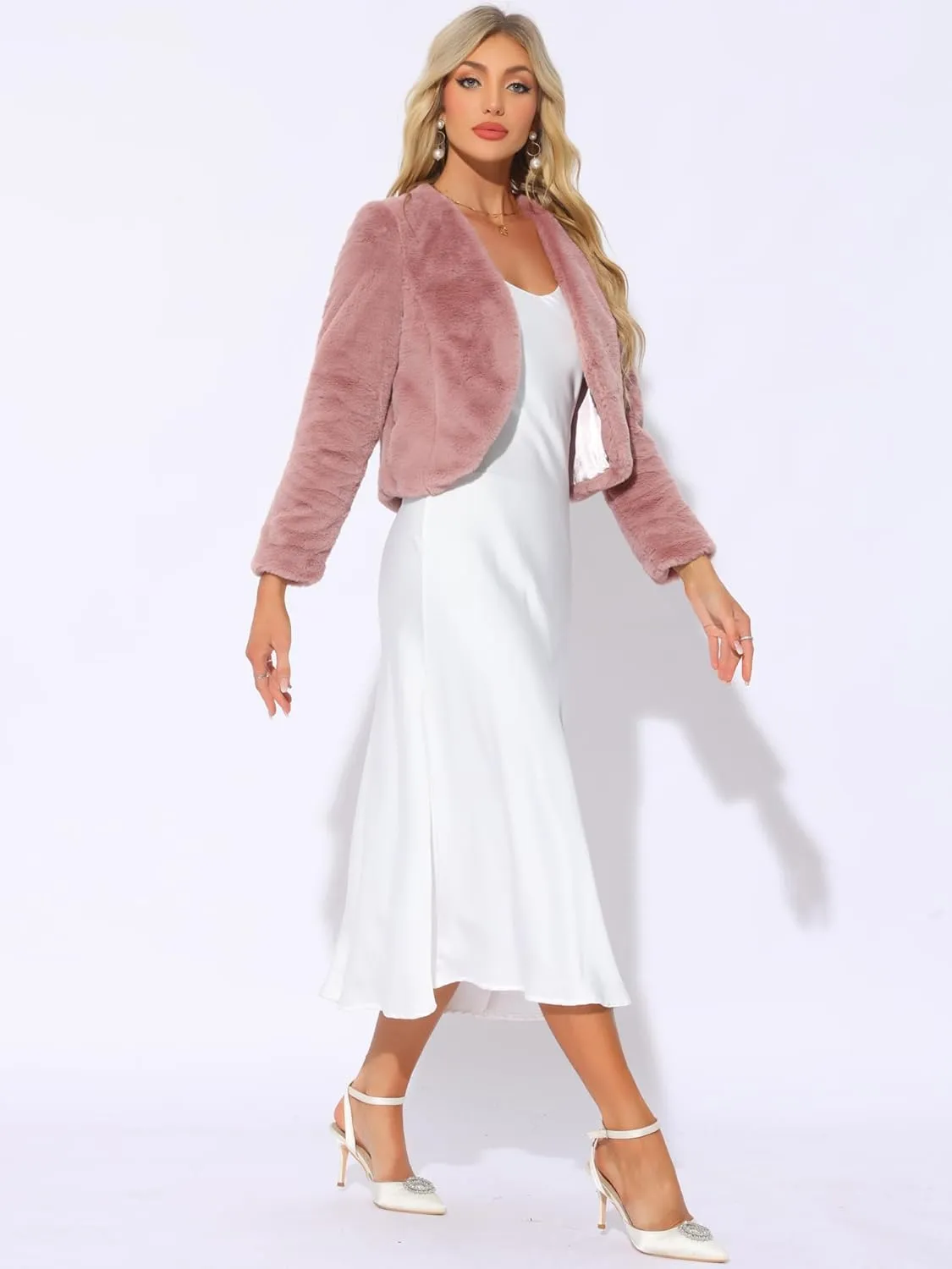 Allegra K Cropped Jacket for Women's Faux Fur with Pockets Long Sleeve Open Front Wedding Bolero Gowns Coat
