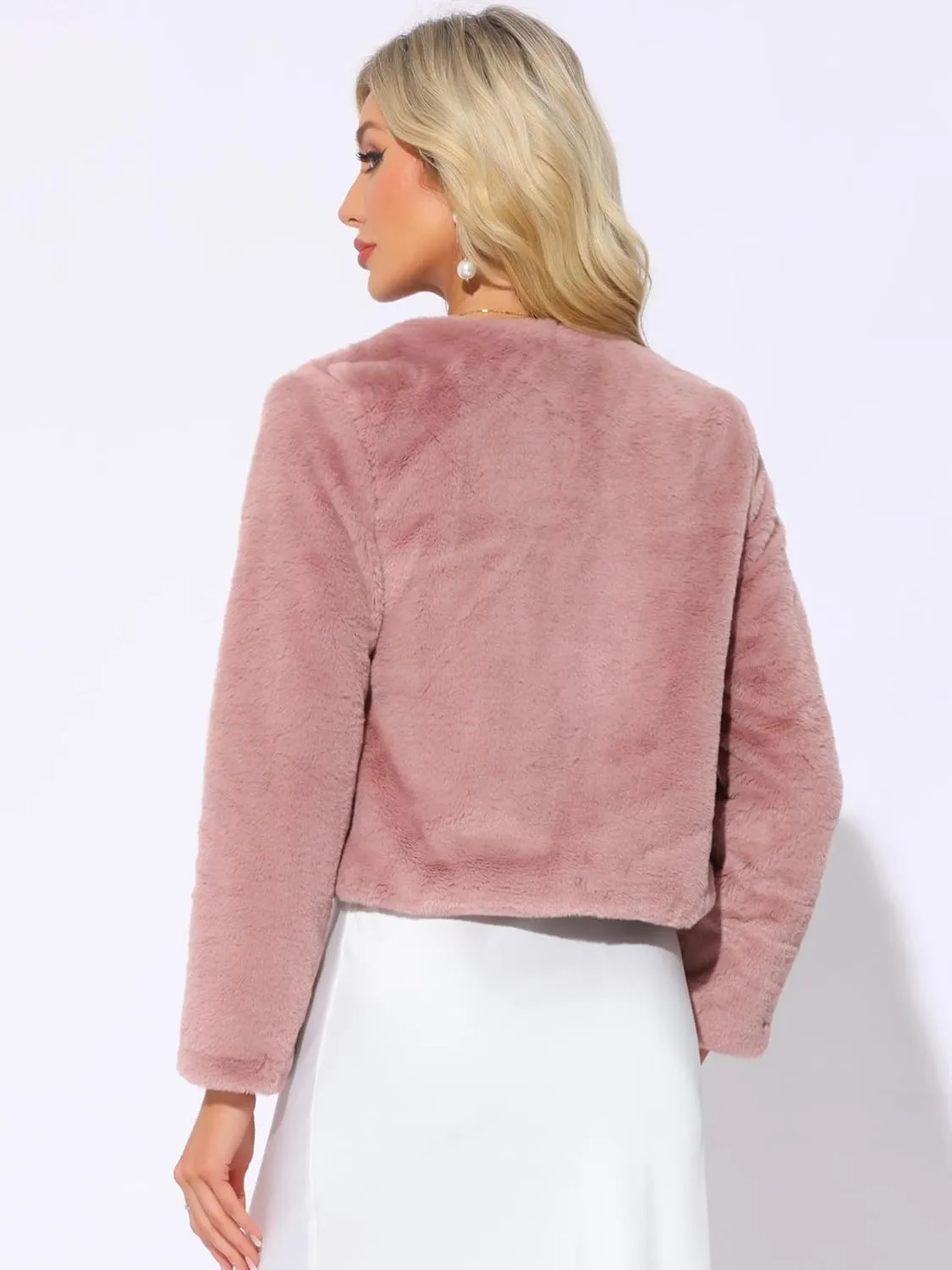 Allegra K Cropped Jacket for Women's Faux Fur with Pockets Long Sleeve Open Front Wedding Bolero Gowns Coat