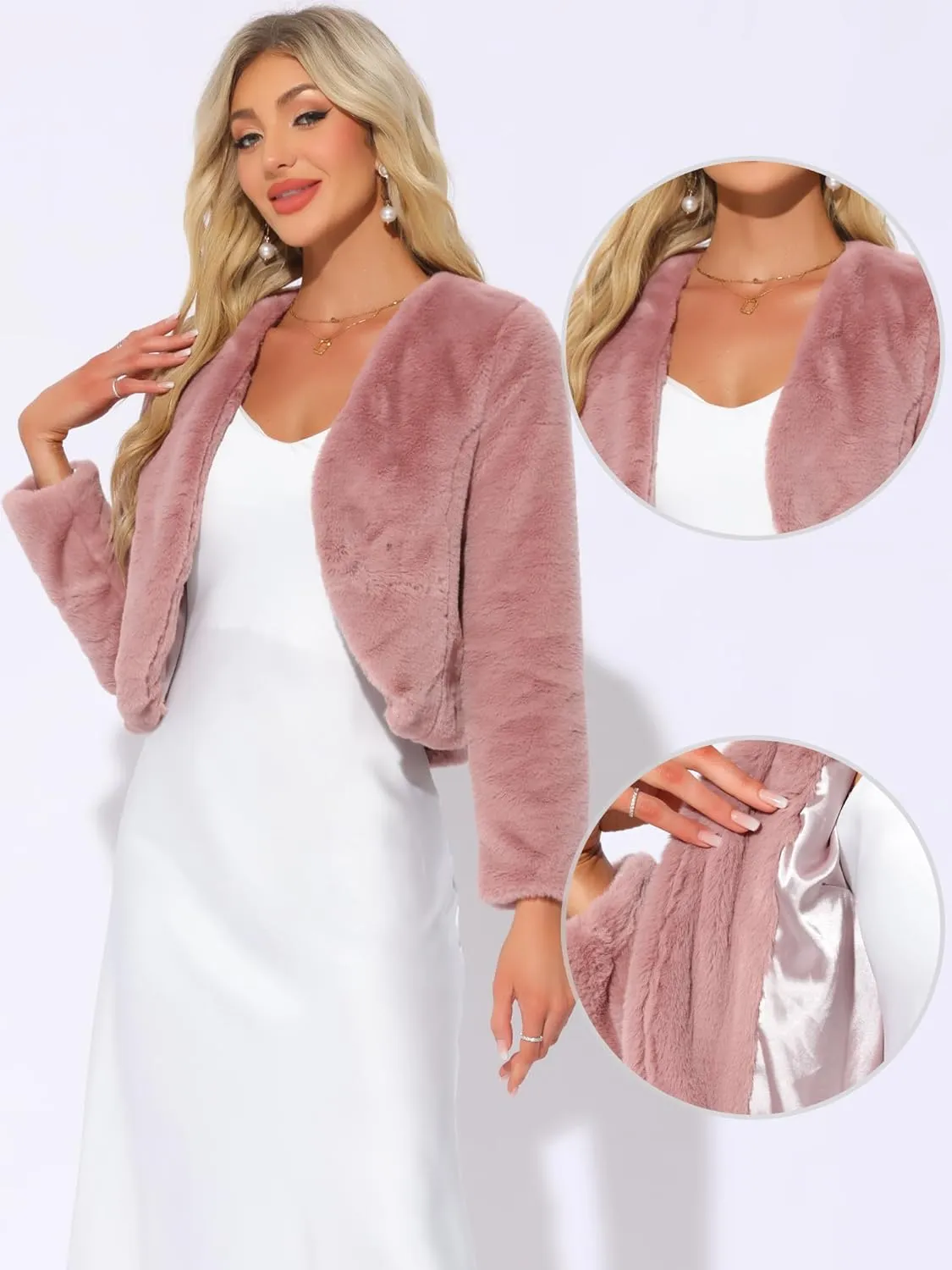 Allegra K Cropped Jacket for Women's Faux Fur with Pockets Long Sleeve Open Front Wedding Bolero Gowns Coat