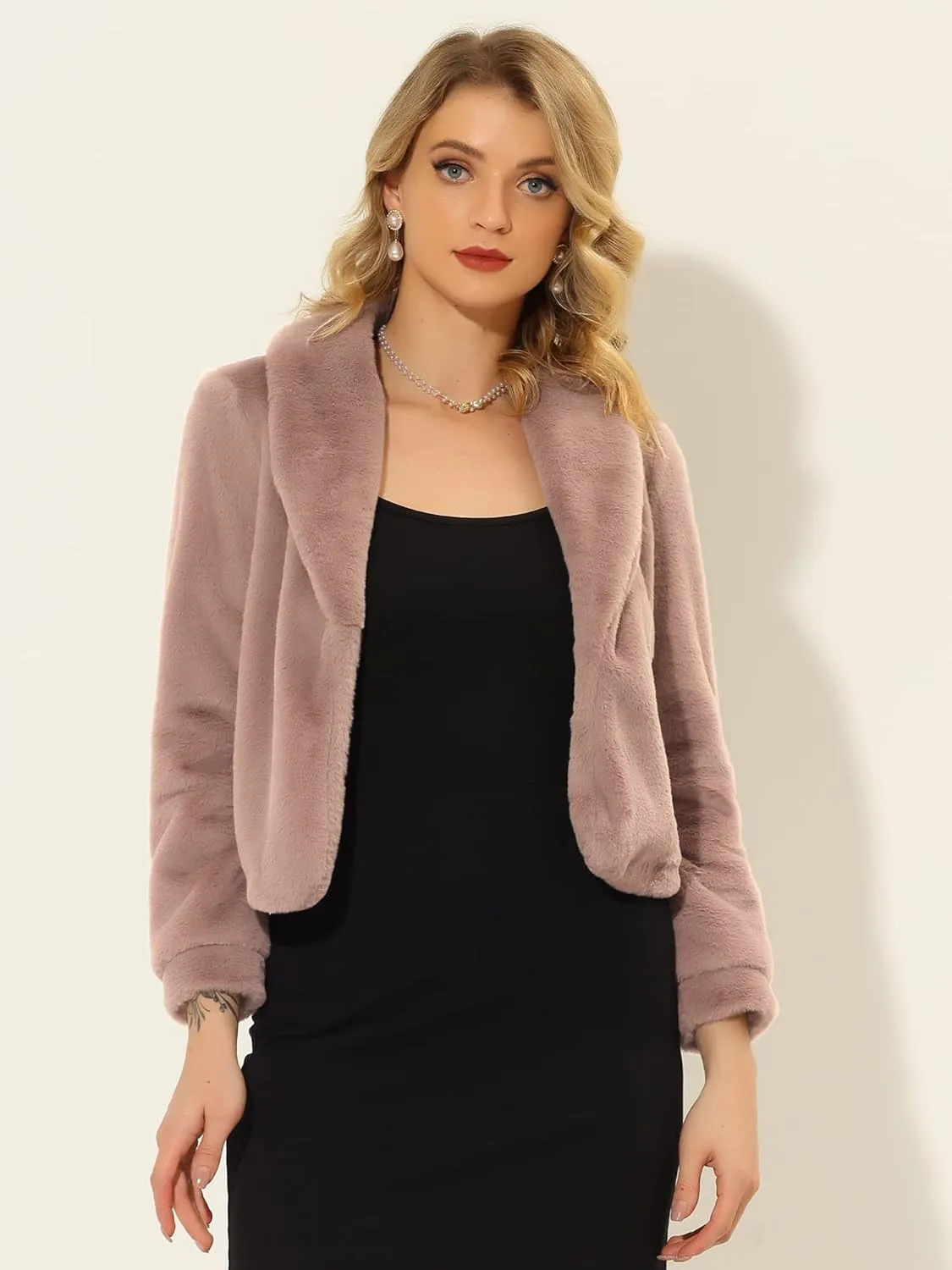 Allegra K Women's 2025 Fasion Winter Cropped Jacket Lapel Long Sleeve Faux Fur Fluffy Coat