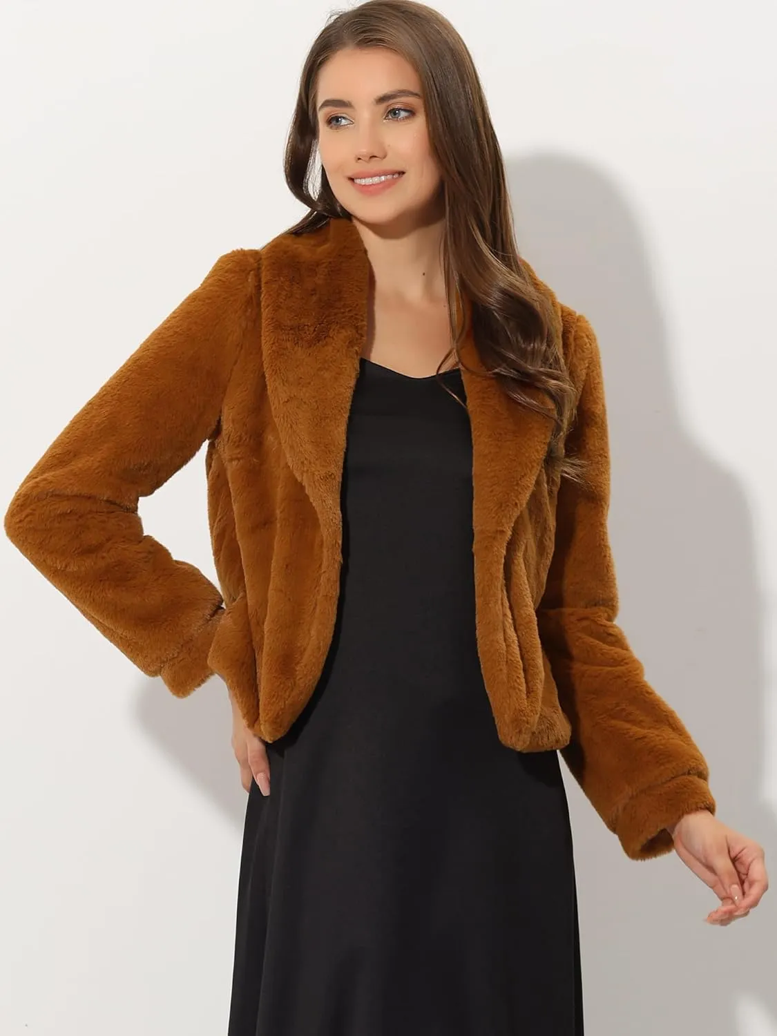 Allegra K Women's 2025 Fasion Winter Cropped Jacket Lapel Long Sleeve Faux Fur Fluffy Coat