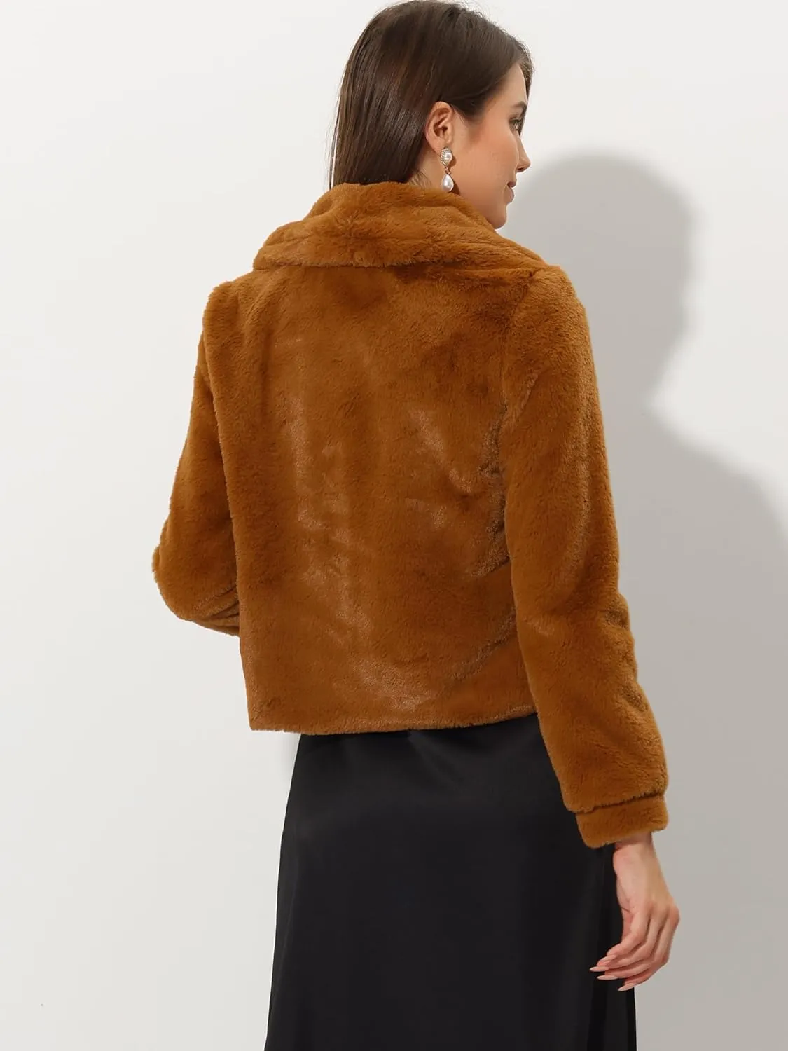 Allegra K Women's 2025 Fasion Winter Cropped Jacket Lapel Long Sleeve Faux Fur Fluffy Coat
