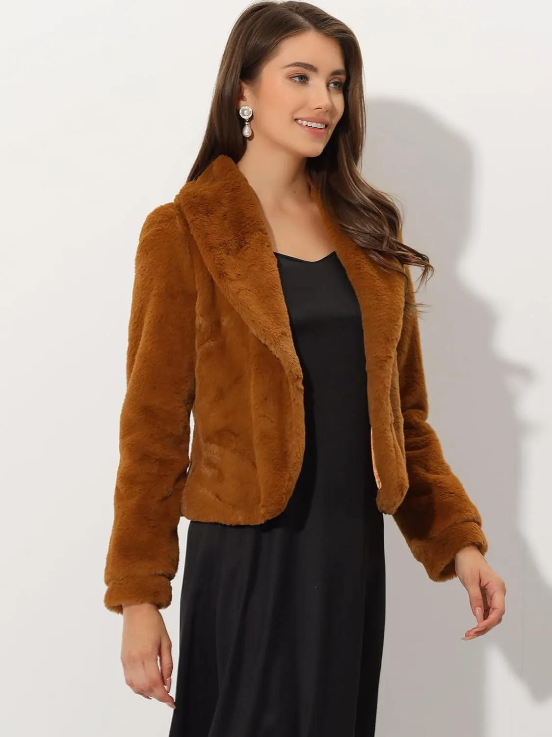 Allegra K Women's 2025 Fasion Winter Cropped Jacket Lapel Long Sleeve Faux Fur Fluffy Coat