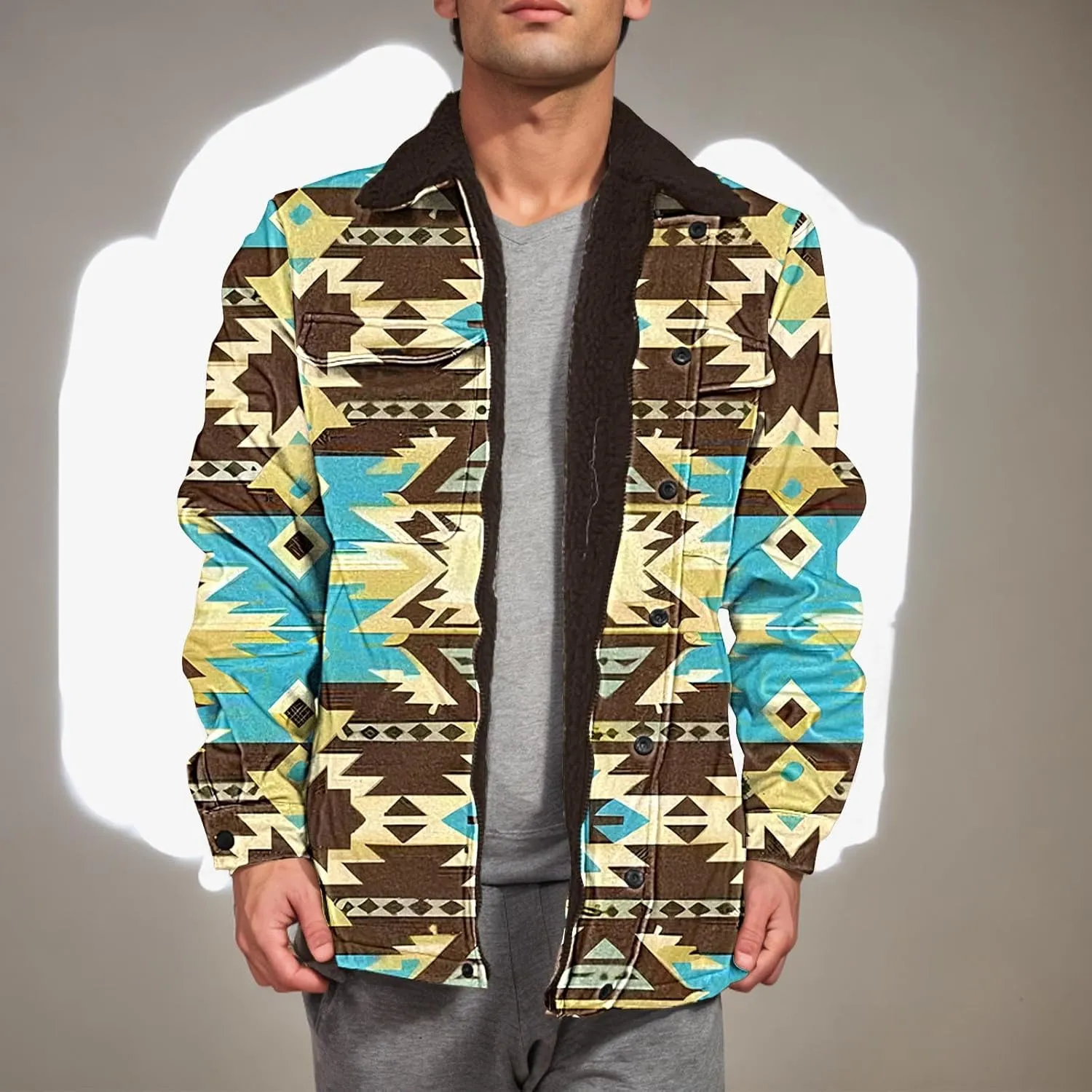 Aztec Jacket for Men Winter Warm Fleece Lined Casual Tribal Printed Coats Thicken Sherpa Lined Zip Up Outerwear