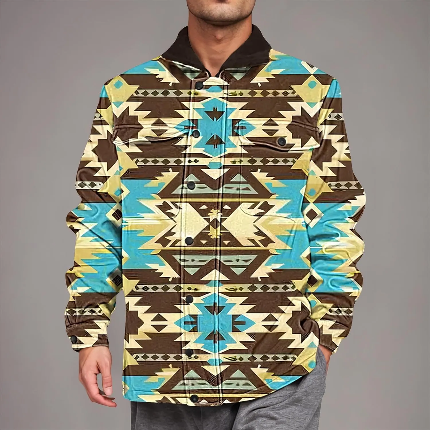 Aztec Jacket for Men Winter Warm Fleece Lined Casual Tribal Printed Coats Thicken Sherpa Lined Zip Up Outerwear