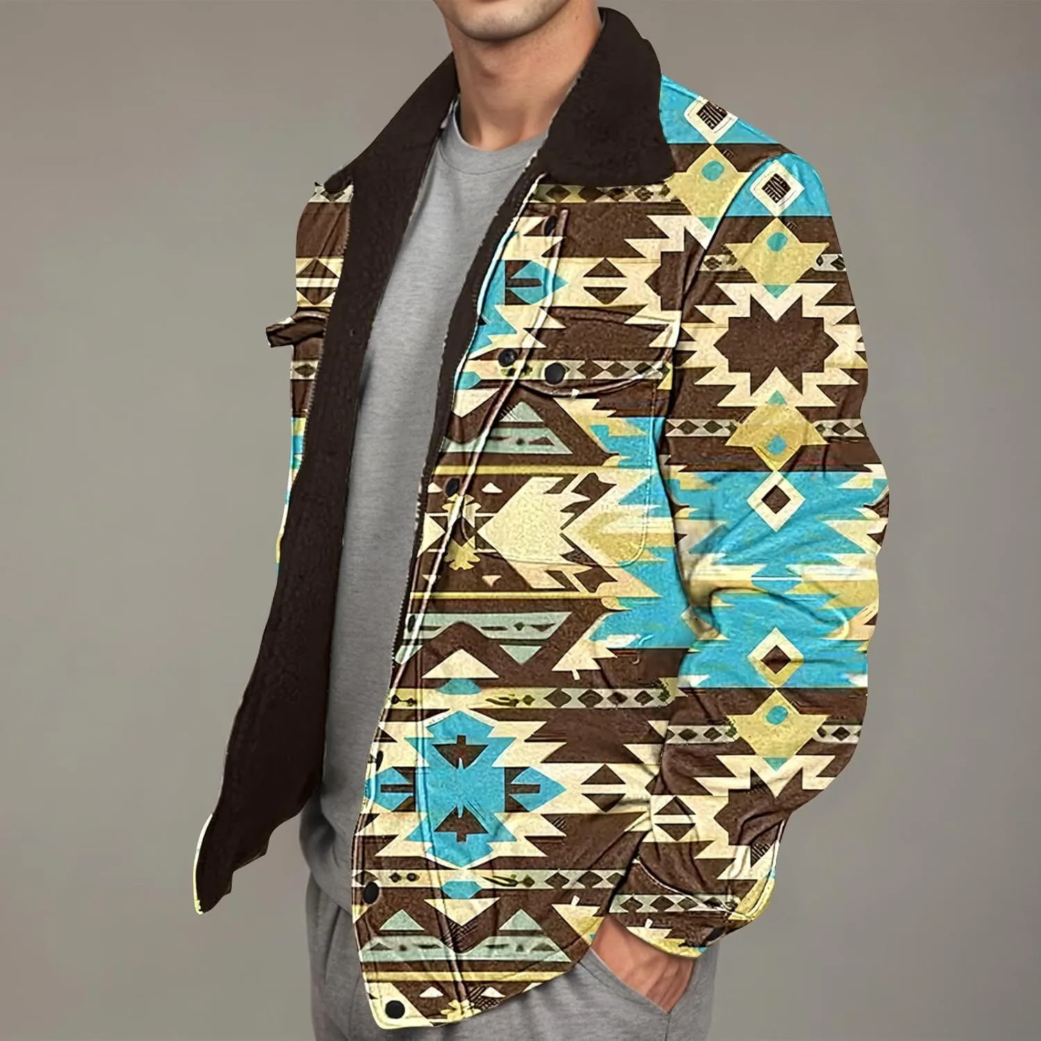 Aztec Jacket for Men Winter Warm Fleece Lined Casual Tribal Printed Coats Thicken Sherpa Lined Zip Up Outerwear