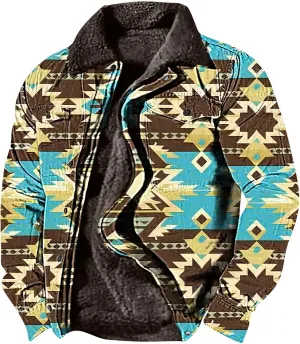 Aztec Jacket for Men Winter Warm Fleece Lined Casual Tribal Printed Coats Thicken Sherpa Lined Zip Up Outerwear