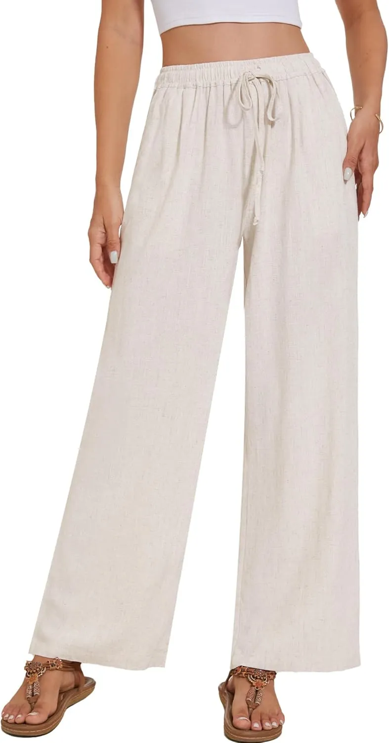 Breezy Lane Linen Pants for Women Summer High Waist Palazzo Pants Boho Beach Trousers with Pockets