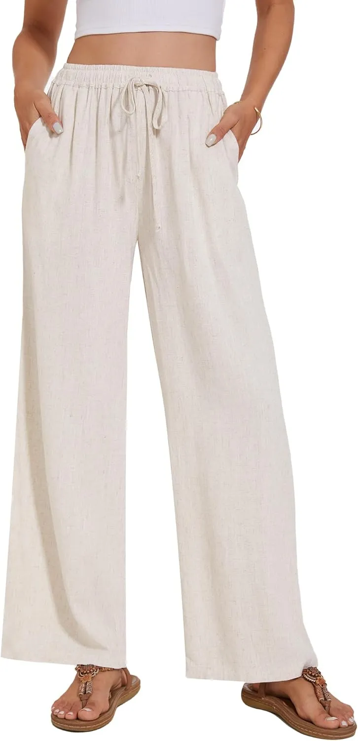 Breezy Lane Linen Pants for Women Summer High Waist Palazzo Pants Boho Beach Trousers with Pockets